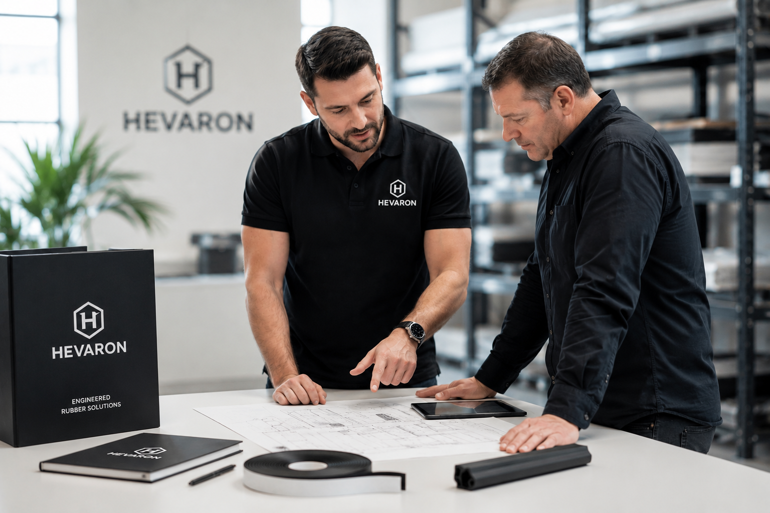HEVARON engineers reviewing technical drawings and rubber specifications in the office