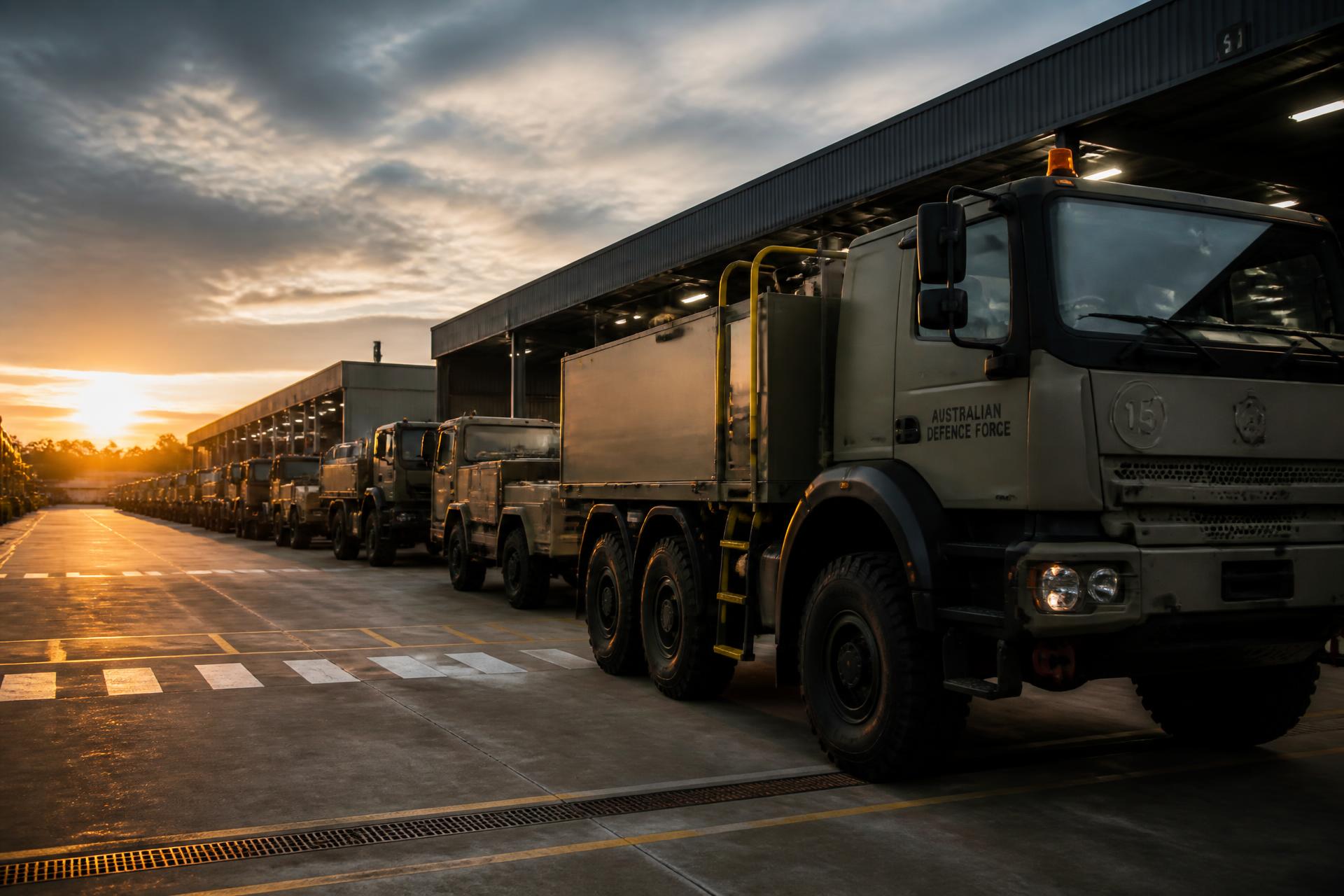 Australian Defence Force logistics vehicles lined at a government depot